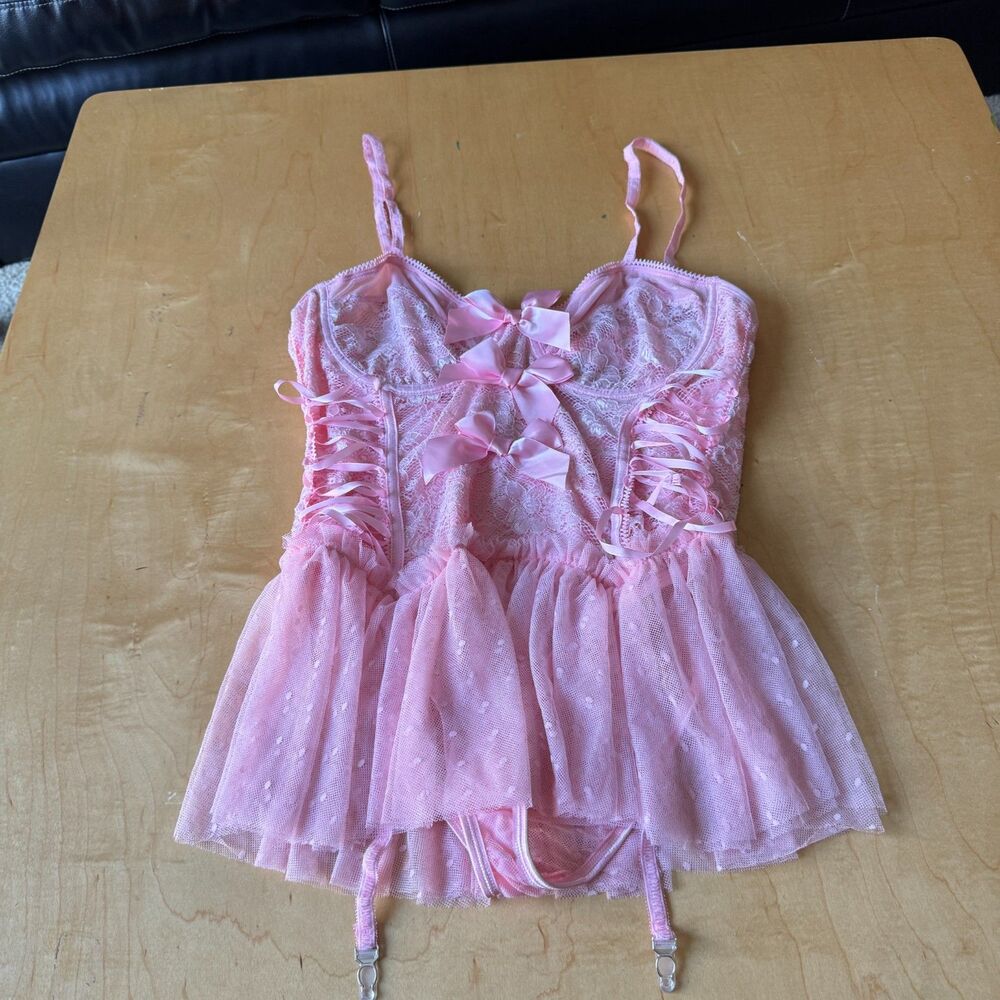 Sugar Thrillz Dolls Kill Pink Lace Teddy XXL Coquette Bow Garter Babydoll